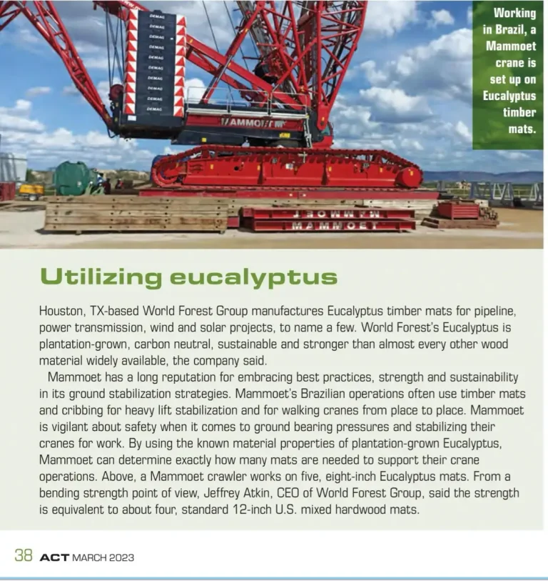 Eucalyptus crane mats featured in American Crane and Transport magazine showing strength and weight advantages