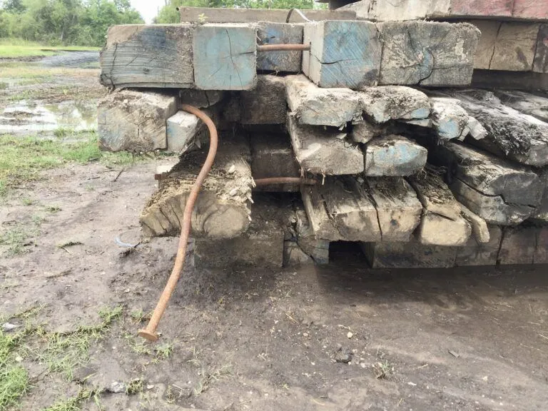 Mixed hardwood mats circa 2019. Note geometry, half rounds and rot.