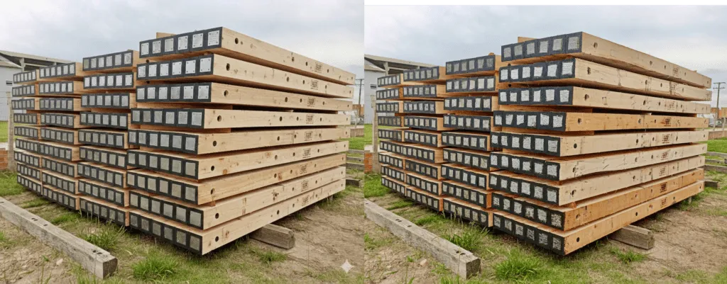 Standardized Eucalyptus crane mats providing a stable, consistent product for matting operations. AI generated ideal mats on left. Actual Eucalyptus mats on right.