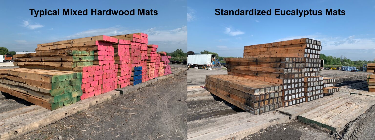 Typical mixed hardwood timber mats with defects compared to standardized Eucalyptus timber mats