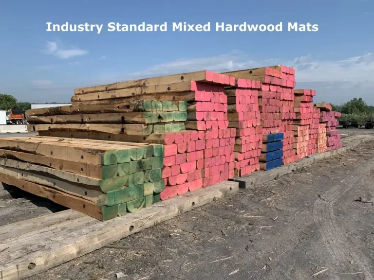 Typical mixed hardwood timber mats showing inconsistent species and dimensions in a storage yard
