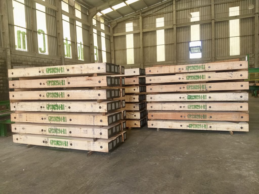 Eucalyptus metric timber mats in storage.