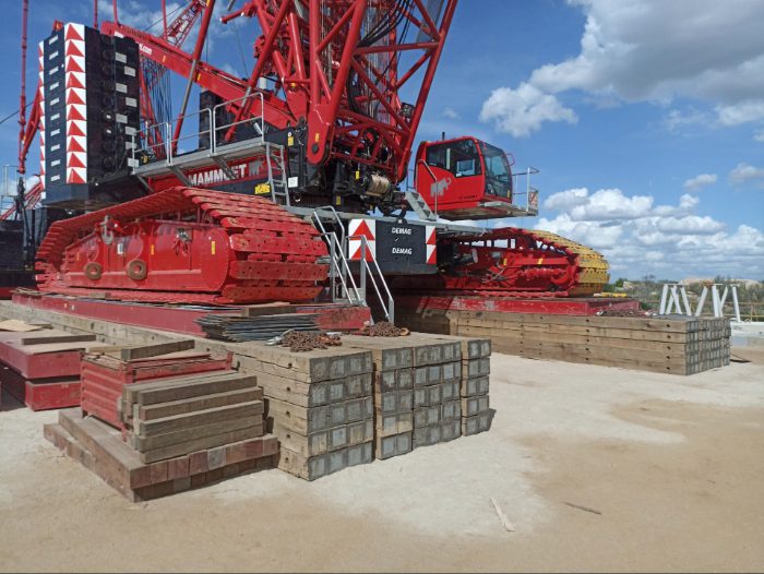 Crawler crane staging area with 30 month old Eucalyptus crane mat layers under 1000 ton crane
